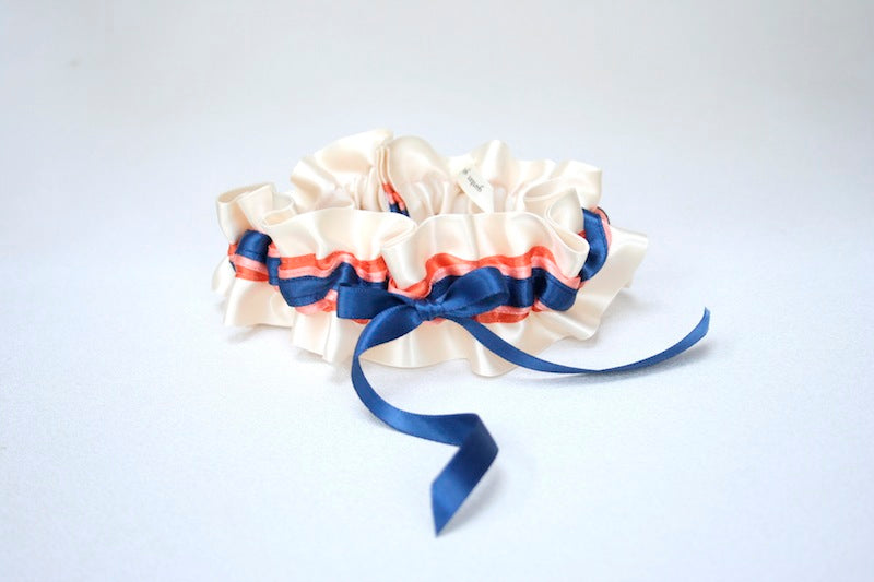 Custom Wedding Garter: Ivory, Navy and Coral
