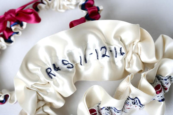 Navy, Fuchsia & Lace Embroidered Garter Set