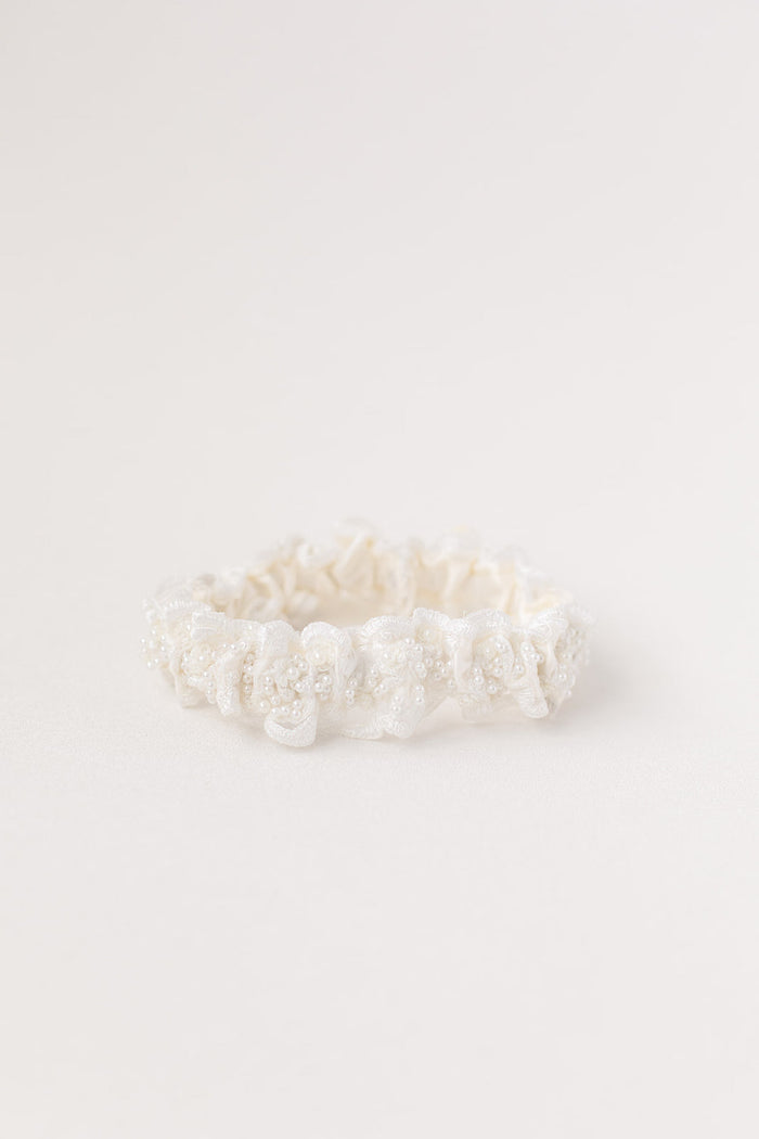 pearl and lace wedding garter with personalization