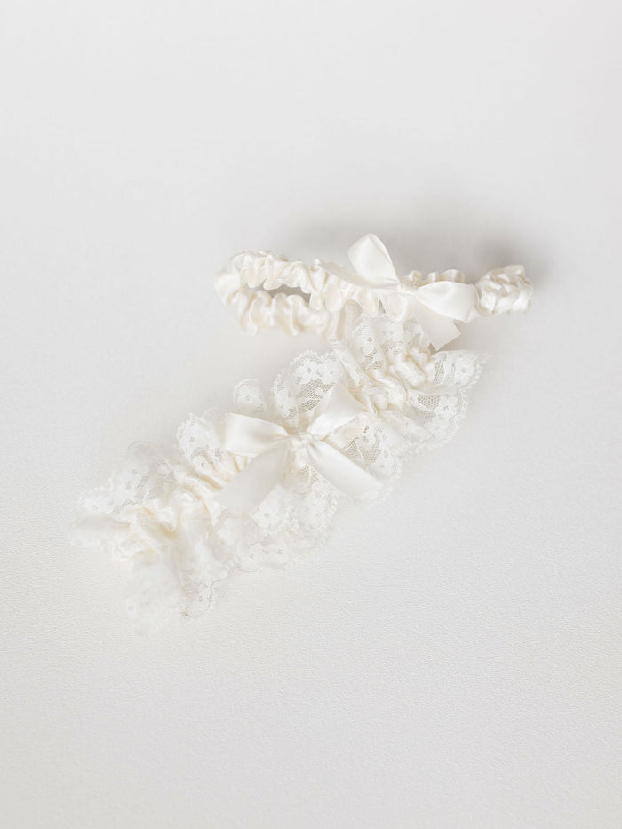 personalized wedding garter set with lace and hand embroider - gorgeous heirloom handmade by The Garter Girl