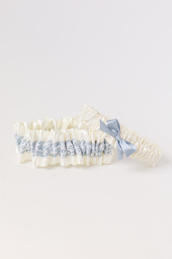 Garter Set: Ivory Floral Lace with Dusty Blue & Personalized Embroidery