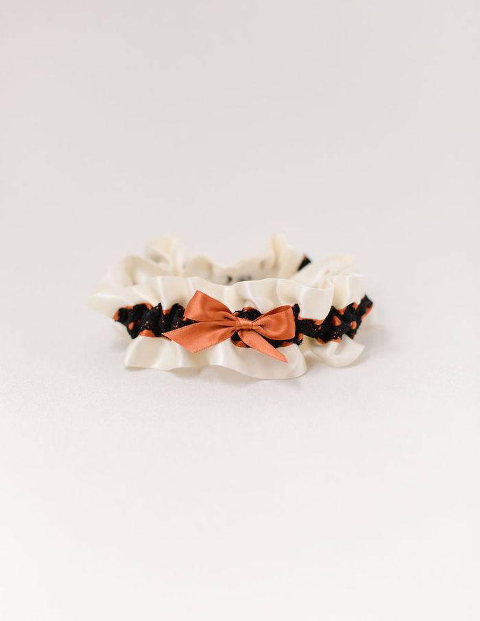 custom luxury wedding garter with black lace, burnt siena and personalization