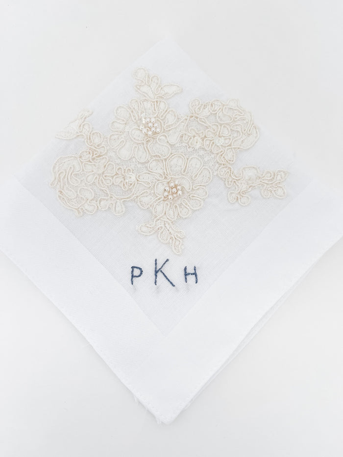 personalized monogrammed ivory handkerchief handmade with lace from bride's mother's wedding dress by The Garter Girl