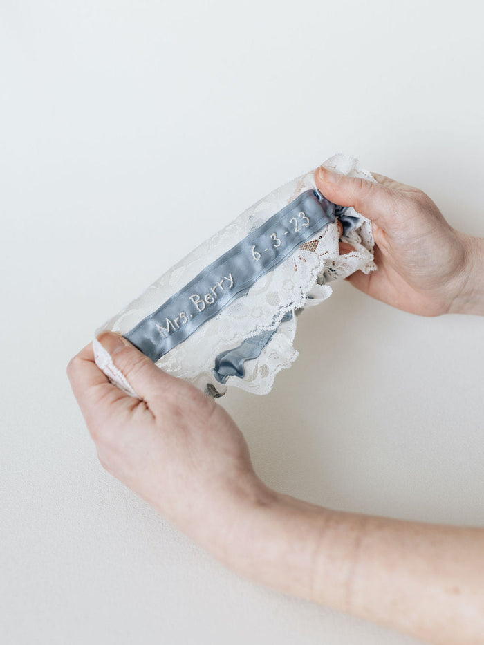 custom embroidered lace and something blue wedding garter handmade by The Garter Girl