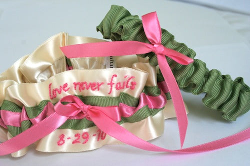 Ivory, Green and Pink Embroidered Garter Set
