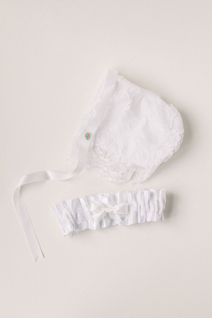 custom garter made from baby bonnet from The Garter Girl