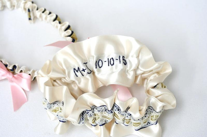 Ivory Lace, Navy Blue, Gold and Pink Embroidered Garter Set