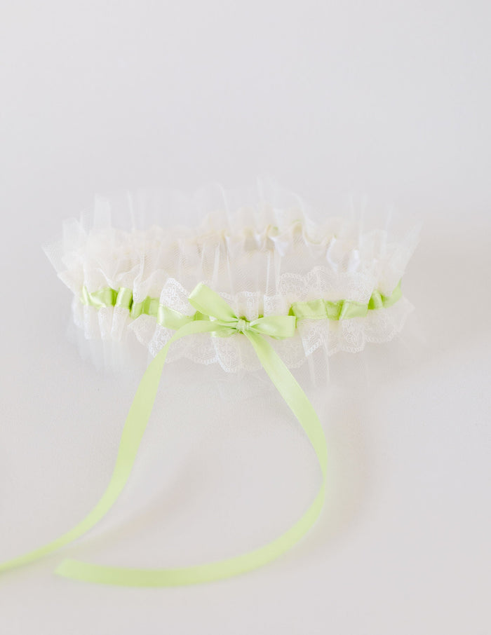custom wedding garter with pistachio satin, ivory lace & tulle personalized by The Garter Girl