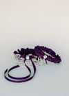 custom wedding garter set w purple satin, ivory lace ruffles, sparkle detail handmade by The Garter Girl