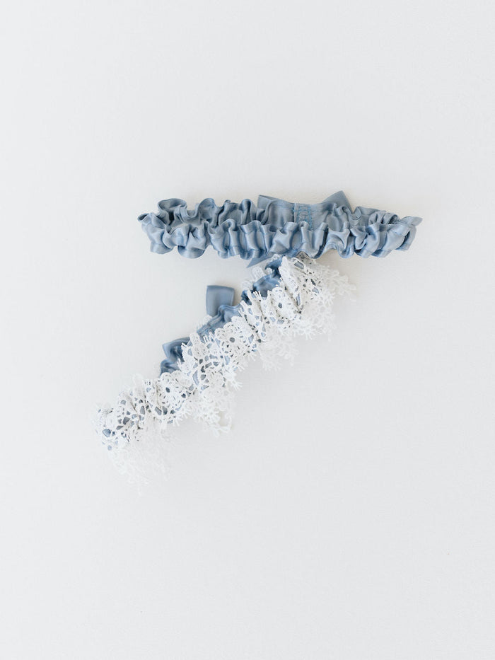 shimmer floral lace wedding garter set with dusty blue satin & personalized embroidery by expert bridal accessories designer, The Garter Girl