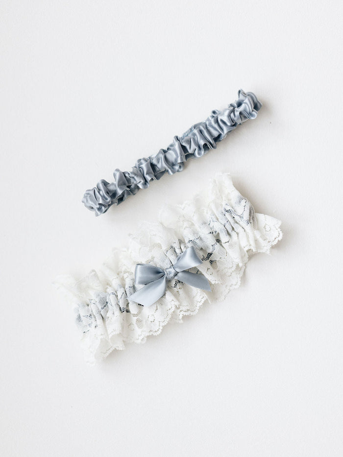 dusty blue satin & ivory lace wedding garter set personalized with hand embroidery by expert bridal accessory designer, The Garter Girl