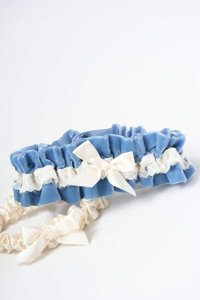 Something Blue Velvet & Ivory Lace Embroidered Garter Set