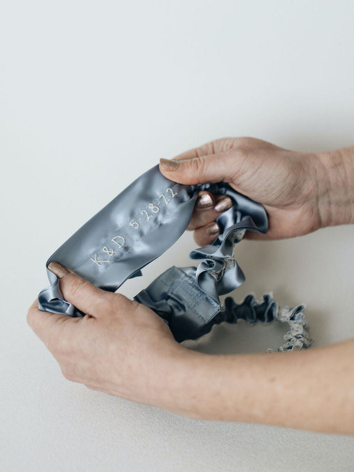 Something Dusty Blue Bridal Garter Set Personalized With Embroidery by The Garter Girl