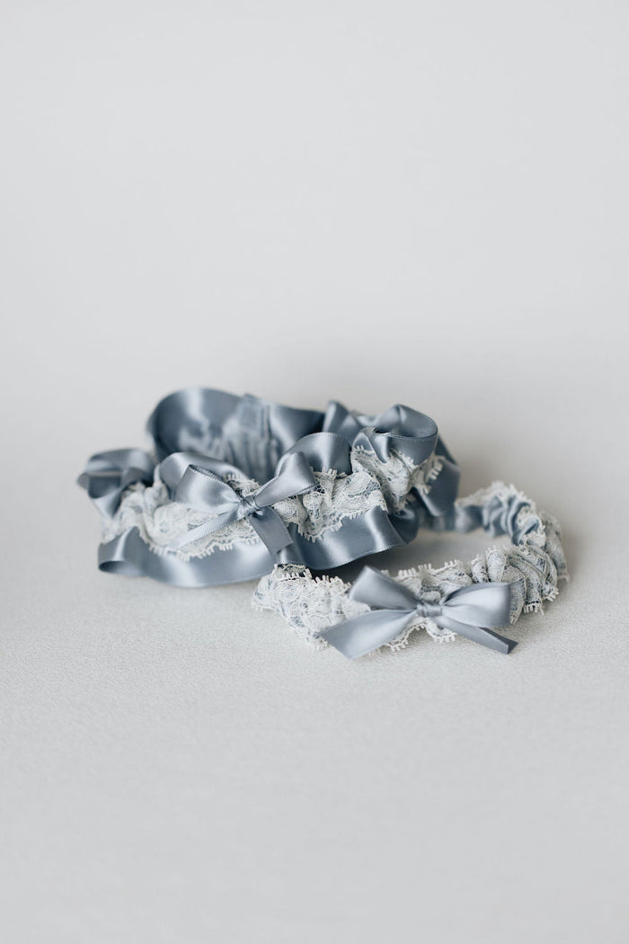 wedding garter set with blue and lace personalized by The Garter Girl