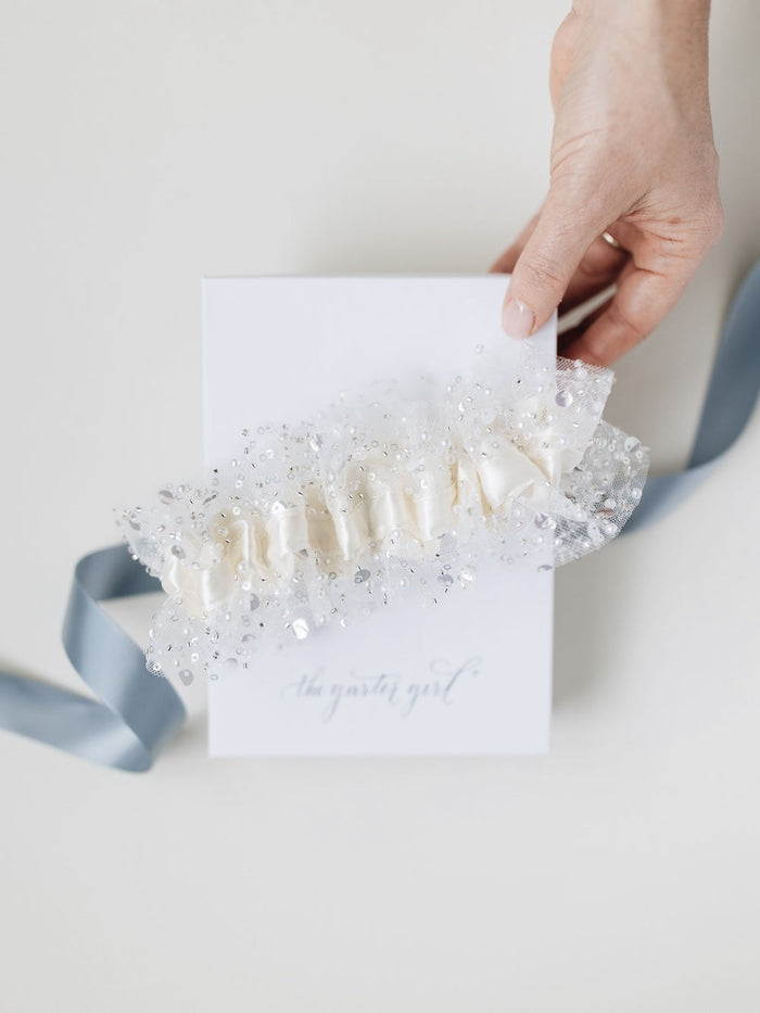 Perfect bridal shower present for the bride, sparkle and beaded wedding garter by The Garter Girl