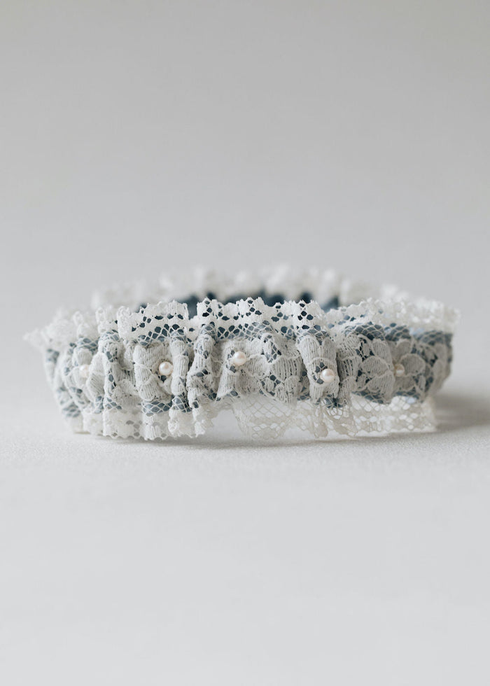 vintage wedding dress lace bridal garter with pearls, personalized with couple's initials and wedding day - handmade bridal accessories by The Garter Girl