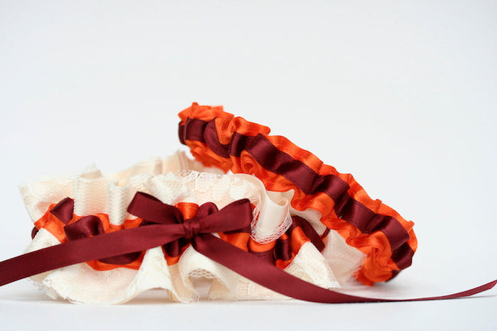 Lace, Orange and Maroon Garter Set