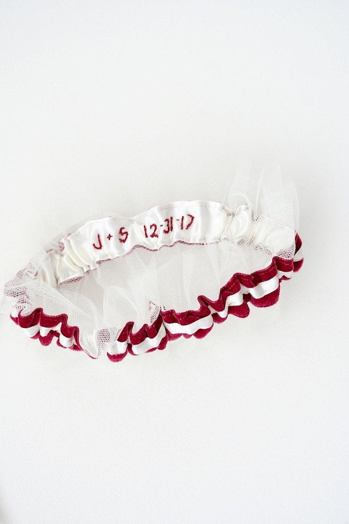 Garter: Bordeaux Velvet Ivory Tulle and Embroidery