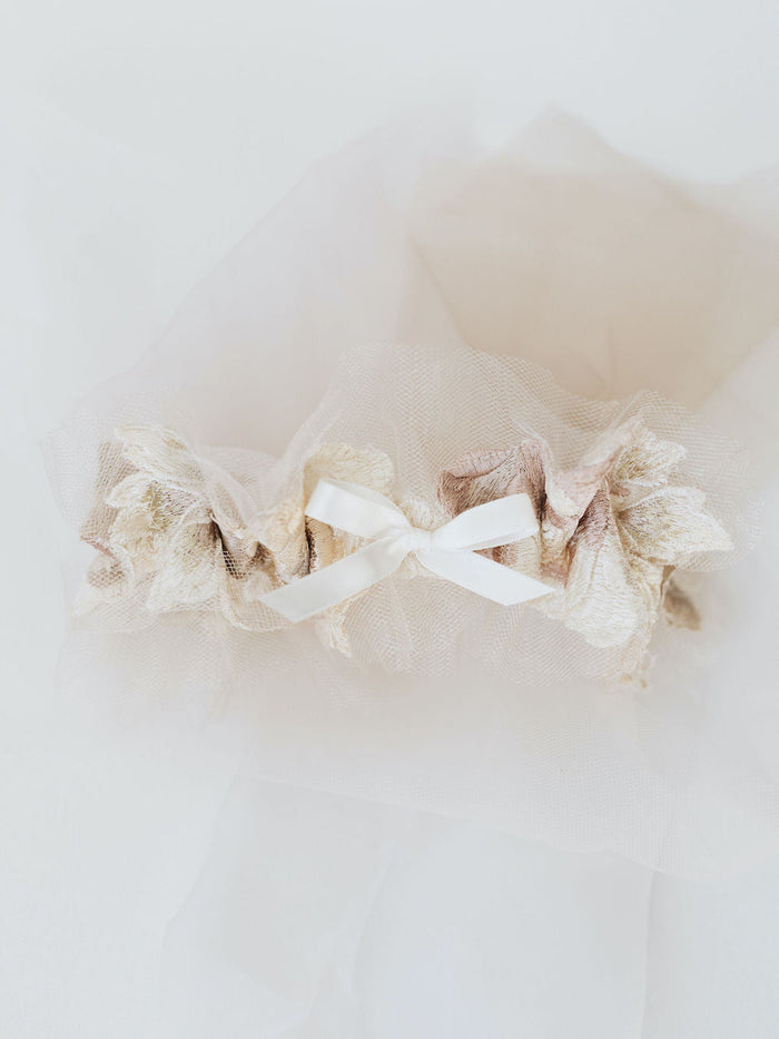 wedding garter set handmade from bride's wedding dress w champagne tulle & flowers by The Garter Girl