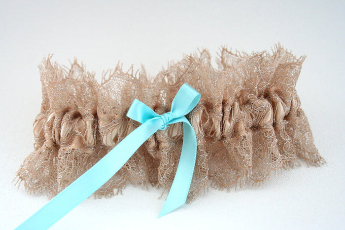 Dark Champagne Lace and Aqua Garter Set