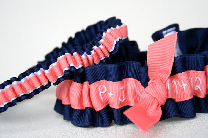 Navy Blue and Coral Embroidered Garter
