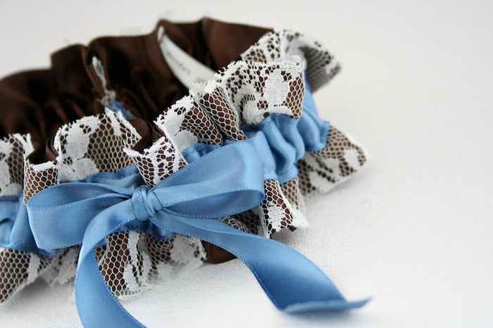 Ivory Lace, Brown and Blue Garter Set