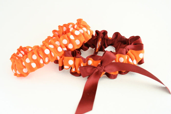 Orange and White Polka Dot and Maroon Garter Set