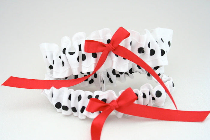 Black and White Polka Dot and Red Garter Set