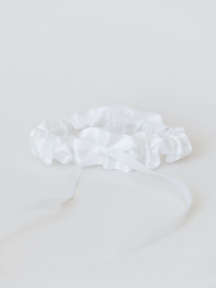 classic white satin wedding garter with something blue personalized embroidery by expert wedding accessories designer, The Garter Girl