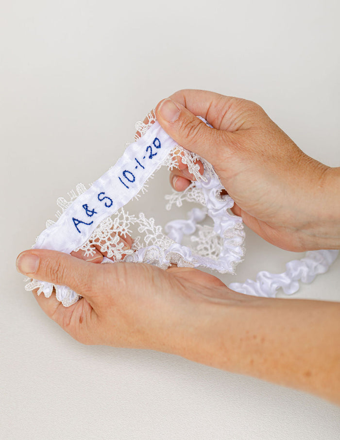 Garter Set: White Shimmer Lace & Personalized Embroidery