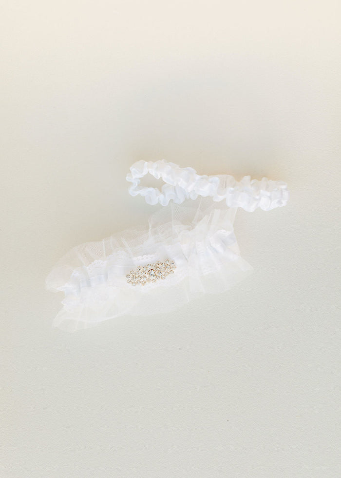 custom wedding garter set with white tulle, sparkle detail, personalized with embroidery by The Garter Girl