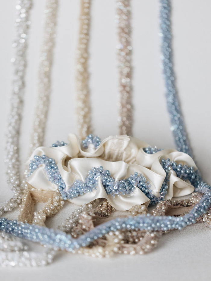 ultimate luxury wedding garter set with sparkles, pearls & beads handmade by expert garter designer The Garter Girl