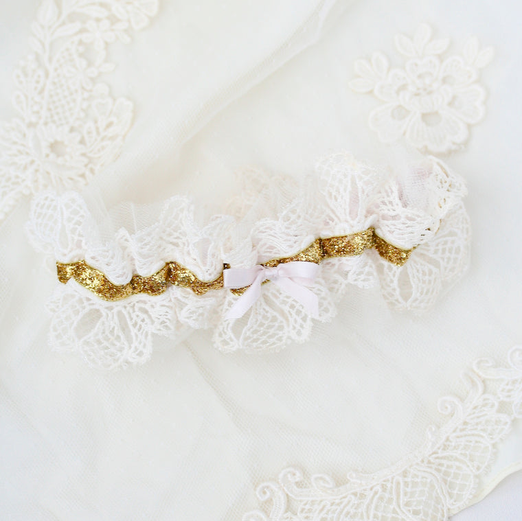 gold and blue garter made from bride's grandmother's veil by The Garter Girl
