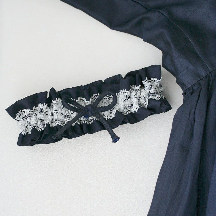 lace and navy blue wedding garter made from bride's grandmother's silk wedding dress by The Garter Girl