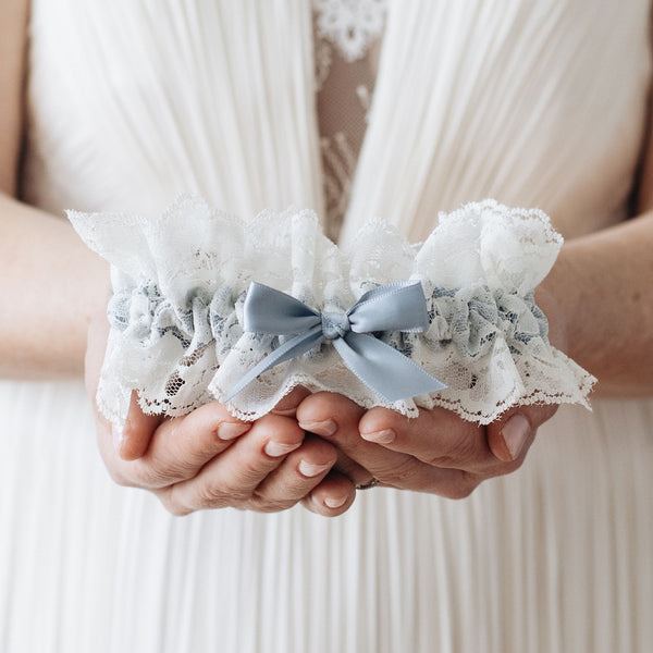 Dusty Blue & Lace Wedding Garter | Something Blue Satin Bridal Garter Do Not Add Tossing Garter / Do Not Add Embroidery / Medium (19 - 23 inches) - Dusty Blue & Lace Wedding Garter | Something Blue Satin Bridal Garter Do Not Add Tossing Garter / Do Not Add Embroidery / Medium (19 - 23 inches) -