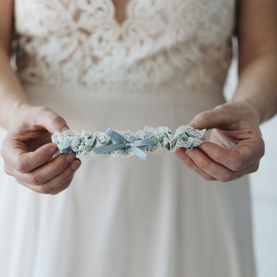 Posh Dusty Blue Satin & Ivory Lace Wedding Garter by The Garter Girl