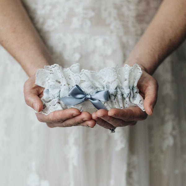 Dusty Blue & Lace Wedding Garter | Something Blue Satin Bridal Garter Do Not Add Tossing Garter / Add Personalized Embroidery (+$76) / Small (14 - 18 Dusty Blue & Lace Wedding Garter | Something Blue Satin Bridal Garter Do Not Add Tossing Garter / Add Personalized Embroidery (+$76) / Small (14 - 18