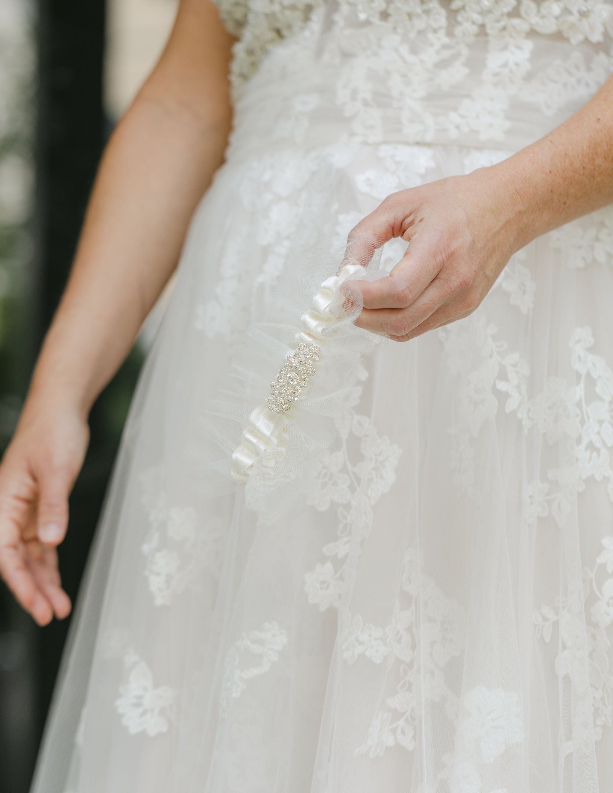couture wedding garter heirloom with tulle and sparkle handmade by The Garter Girl