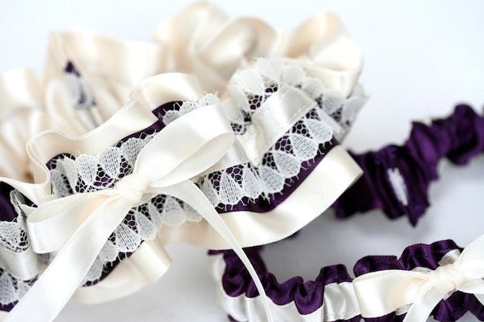 Ivory Lace and Dark Purple Garter Set