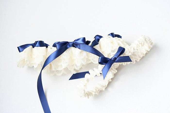 Garter Set: Ivory Lace & Navy Blue