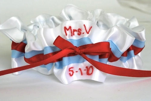 White, Light Blue and Red Embroidered Garter