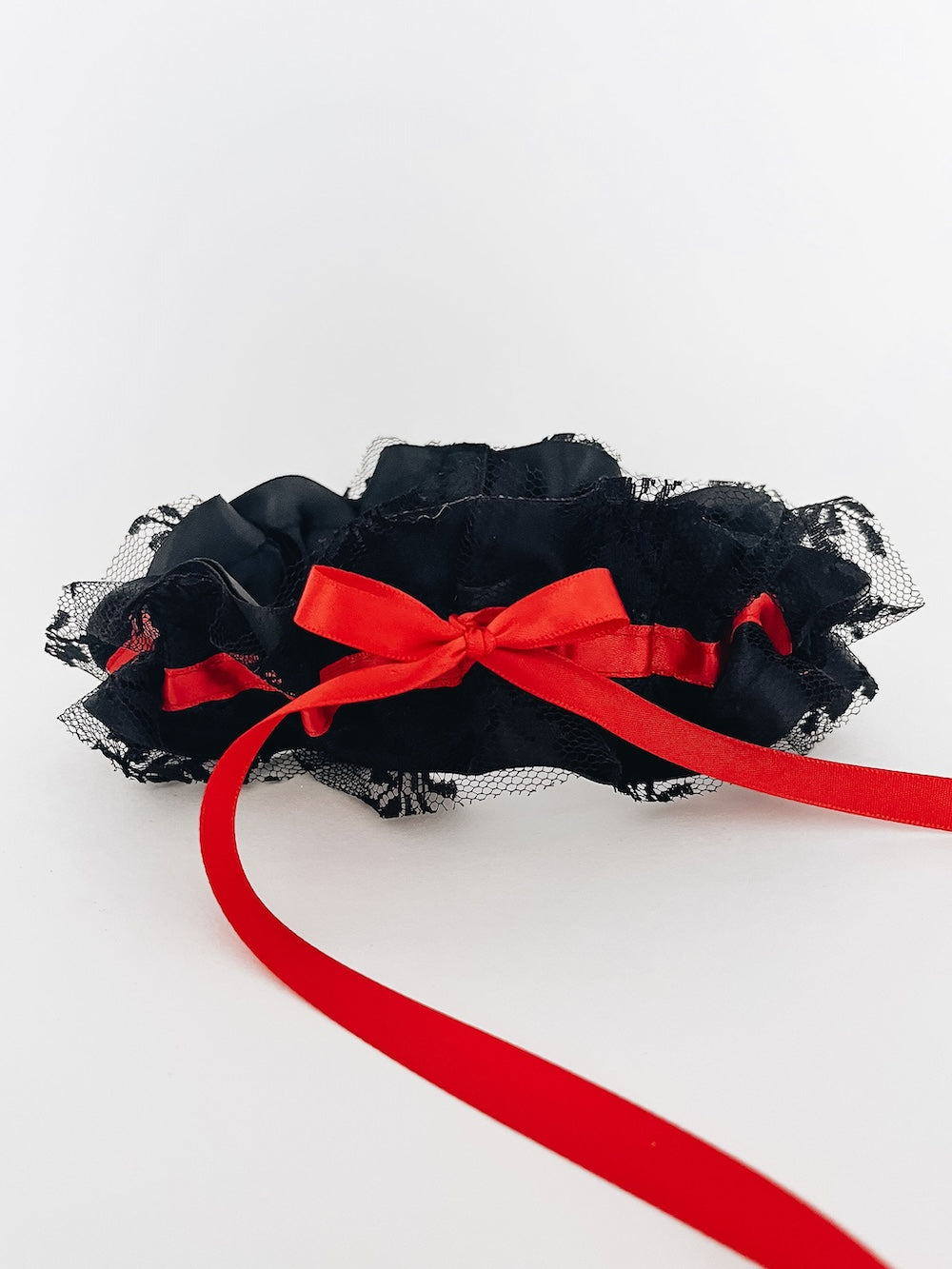 Garter: Black Satin & Lace with Red Embroidery