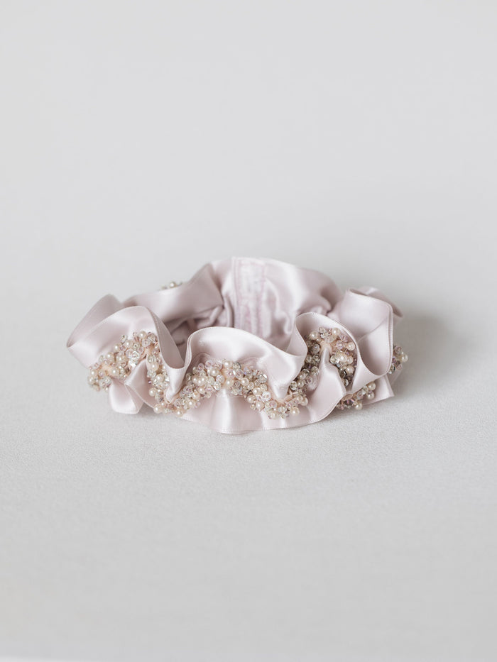 blush wedding garter heirloom with sparkle and beads handmade with personalized embroidery by The Garter Girl
