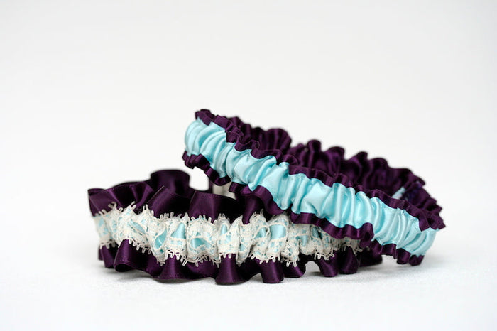 Deep Plum, Aqua and Ivory Lace Garter Set
