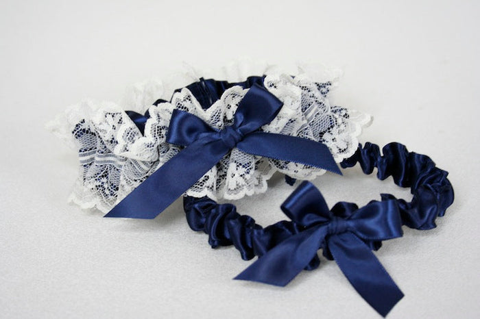 Ivory Lace and Navy Blue Garter Set