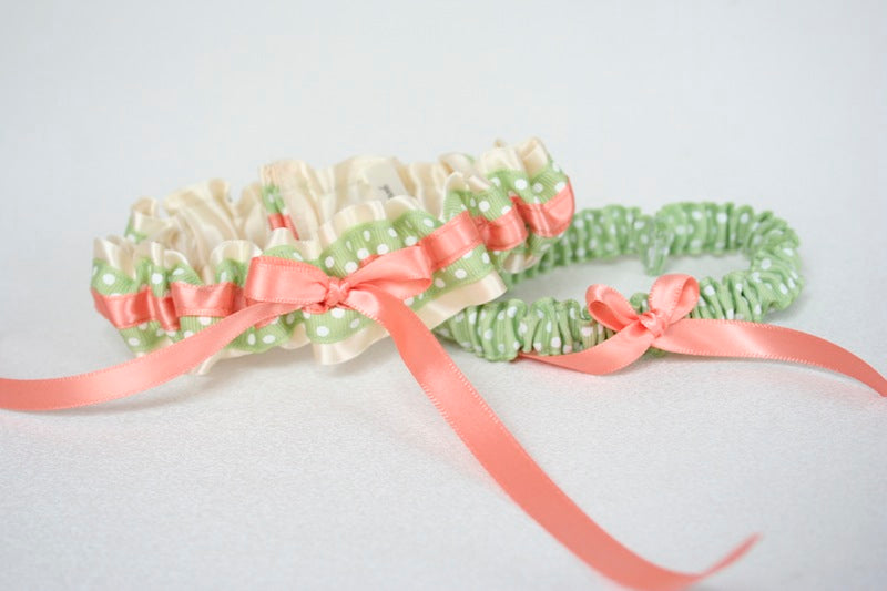 Ivory, Sage Green Polka Dot and Peach Garter Set