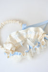 Garter Set: Ivory Lace & Blue with Embroidered Wedding Date