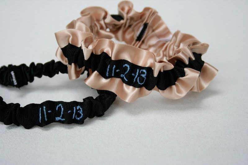 Champagne and Black Embroidered Garter Set