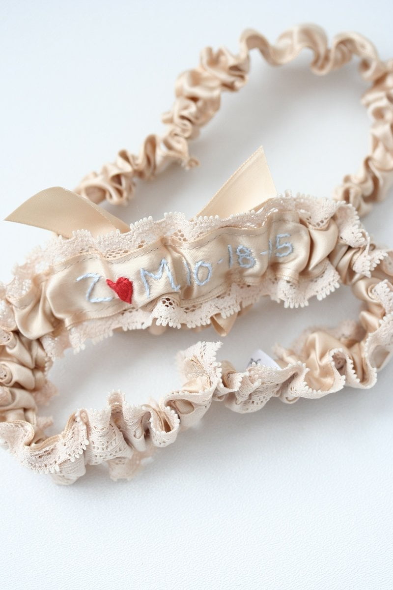 Champagne Lace and Embroidered Garter Set