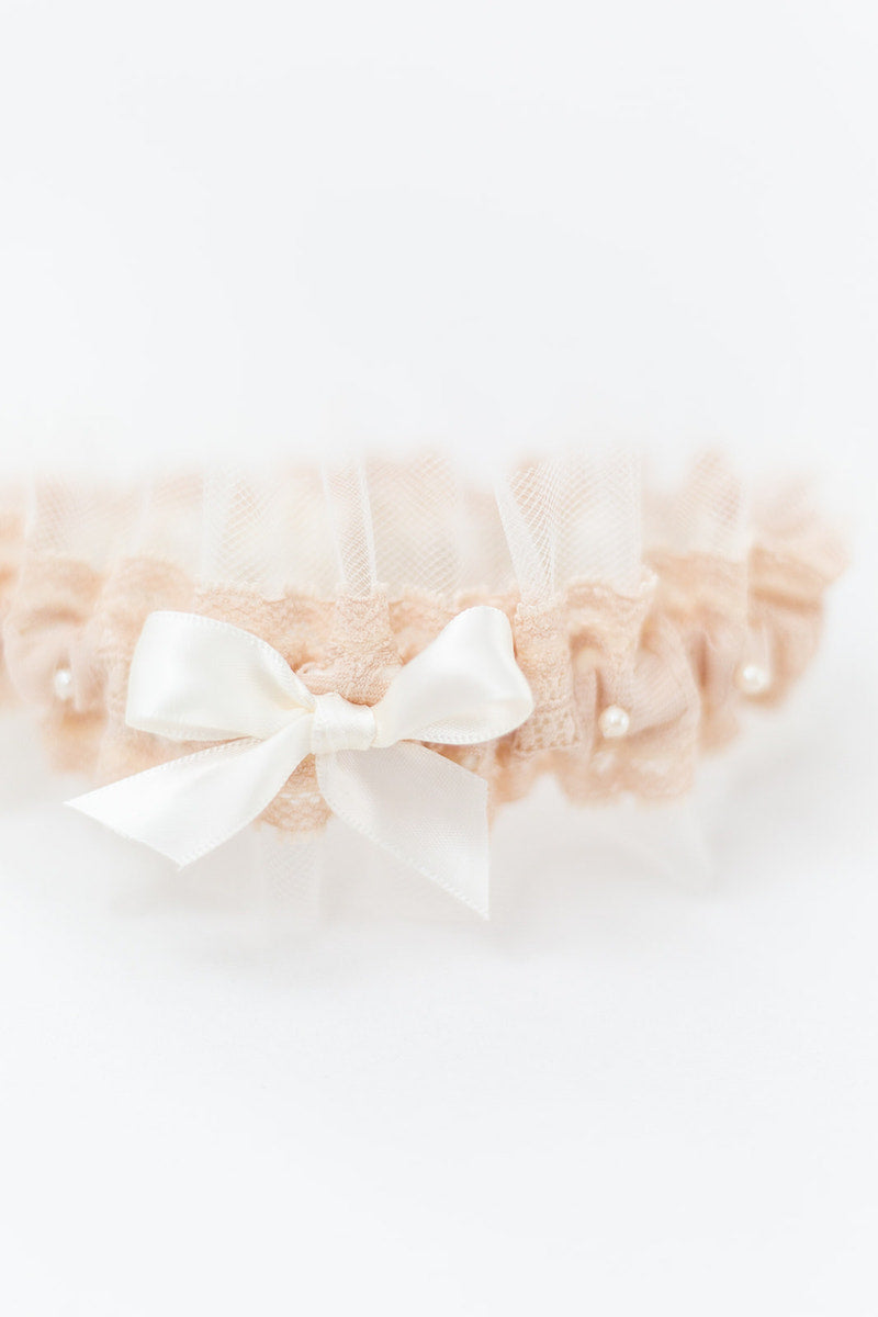 Garter Set: Champagne with Lace, Tulle, Pearls & Embroidery on Inside